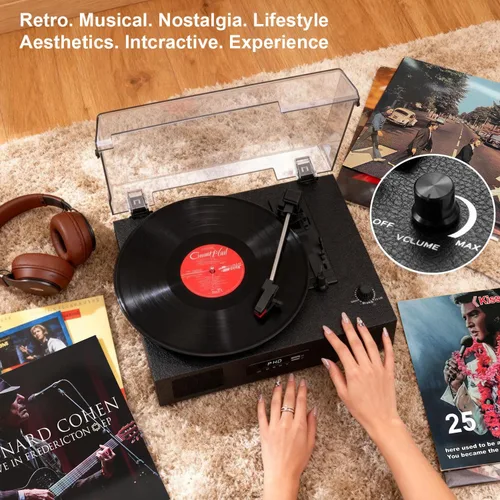 Vista 9 de Tocadiscos de vinilo Bluetooth con dos altavoces incorporados, grabación USB, transmisión por correa, 3 velocidades, tocadiscos para discos