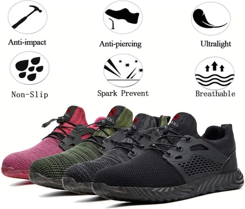 Vista 7 de SUADEX Zapatos de punta de acero para mujeres y hombres, zapatos de seguridad antideslizantes, transpirables, ligeros, a prueba de pinchazos