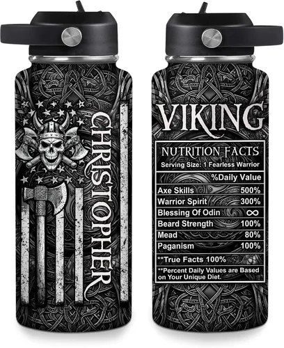 Vista 7 de Hyturtle Botella de agua vikingo personalizada, botella de acero inoxidable aislada de viaje con tapa a prueba de fugas, 18 onzas, 32 onzas, regalos