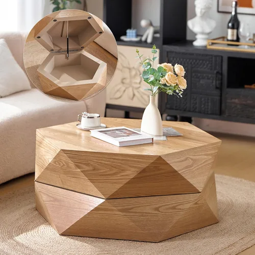 Vista 10 de Mesa de centro de almacenamiento de 36.61 pulgadas, moderna mesa de centro de madera rústica con chapa de madera maciza, mesa de té grande y única