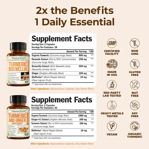 Vista 2 de Turmeric Supplement Bundle – 2-Pack Organic Turmeric Curcumin Supplement with 95% Curcuminoids + 65% Boswellia Extract, Ginger Root & Black Pepper