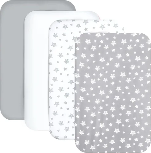 Vista 18 de Juego de sábanas de moisés de 4 piezas para bebé niño o niña, ajuste universal para colchón ovalado, con forma de reloj de arena y rectangular, gris