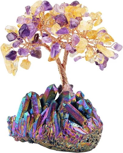 Vista 2 de mookaitedecor Bundle - 2 Artículos: Citrino y Amatista Crystal Money Tree & Titanium Coated Crystal Egg Figurines con soporte de madera