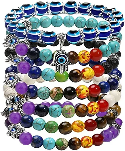 Vista 15 de 2 Pulseras elásticas con cuentas azules de ojo malvado, 7 chakras, piedra de lava, mano de Hamsa