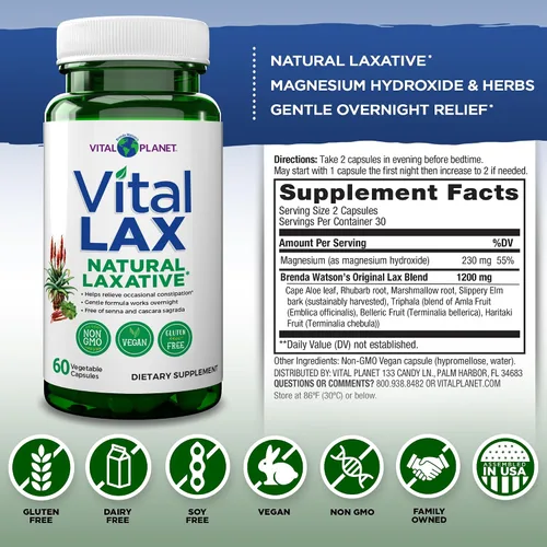 Vista 2 de Vital Planet - Suplemento de Limpieza Laxante Natural Vital Lax para Estreñimiento Ocasional, con Hidróxido de Magnesio, Olmo Resbaladizo, Aloe