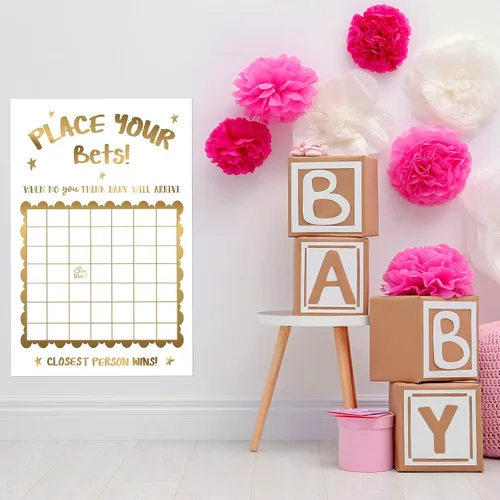 Vista 3 de Geyee Decoraciones de baby shower, juego de ducha con predicción neutra para fecha de nacimiento, grande, divertido letrero de calendario de bebé