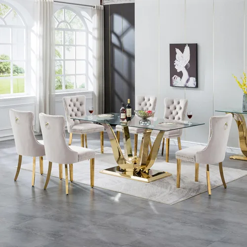 Vista 12 de Juego de mesa de comedor de cristal dorado de 5 piezas, 70 pulgadas, rectangular, moderna, para cocina y comedor, mesa de comedor para 4, mesa