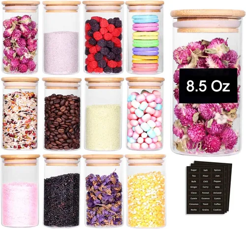 Vista 8 de Tzerotone Juego de tarros de especias, 2.5 onzas, 20 piezas, tarros de vidrio con tapas herméticas de bambú y etiquetas, mini recipientes