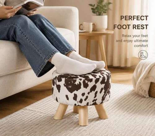 Vista 7 de Homebeez Taburete otomano redondo de terciopelo, reposapiés pequeño con patas antideslizantes (vaca marrón)