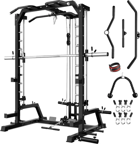 Vista 24 de JELENS SR01 Smith Machine, jaula de potencia multifunción de 2000 libras con sistema de extracción LAT, estante para sentadillas todo en uno
