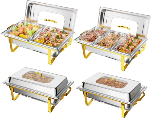 Vista 10 de ROVSUN Platos dorados para bufé, juego de bufé de 9 cuartos con tapa de vidrio, servidores y calentadores de bufé de acero inoxidable con marco
