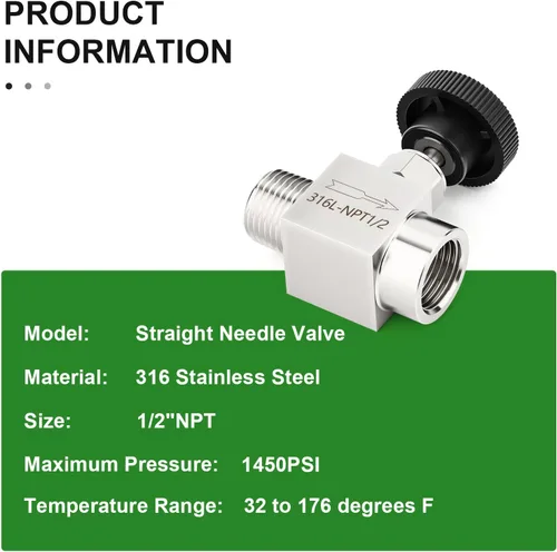 Vista 4 de TAISHER Válvula de aguja de acero inoxidable 316 con mango de rueda 1/2 "NPT macho x 1/2" NPT hembra
