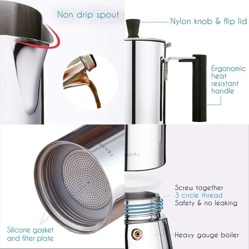 Vista 2 de Easyworkz Pedro - Cafetera espresso para estufa, 4 tazas, 6.8 fl oz, cuchara de café retro de acero inoxidable con mango de nogal negro, 0.35 oz