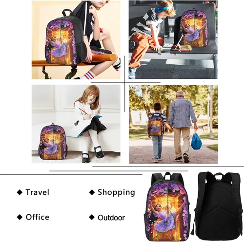 Vista 7 de Linda mochila de anime impresa en 3D de dibujos animados Mirabel, mochilas grandes, unisex, bolsa de viaje deportiva, regalos de 17 pulgadas