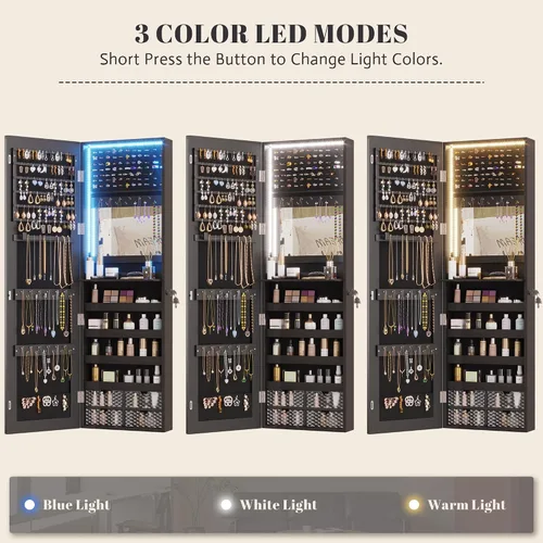 Vista 3 de Vlsrka Armario LED con espejo de joyería de 47 pulgadas, organizador de joyas colgante para montar en la paredpuerta con espejo de longitud