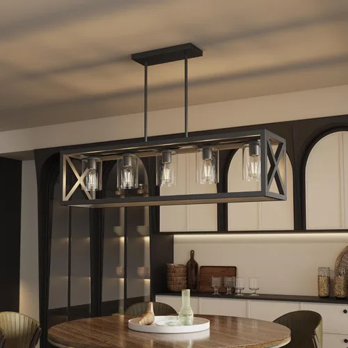Vista 10 de Lámpara de comedor de granja – Iluminación de isla de cocina de 4 luces con altura ajustable y metal grueso para comedor sobre mesa, candelabros