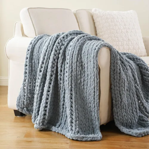 Vista 4 de Battilo - Manta de punto grueso de cachemira beige y crema, manta suave y gruesa de chenilla, manta de crochet de punto trenzado hecha a mano