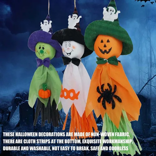 Vista 3 de Decoraciones colgantes de fantasma de Halloween, 3 piezas de lindo colgante de paja de fantasma volador, adornos colgantes de Halloween para patio