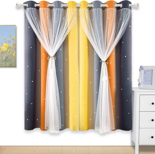 Vista 13 de Cortinas Opacas con Corte de Estrella Arcoíris para Dormitorio de Niñas - Doble Capa con Ojales Superiores para Sala de Estar, 2 Paneles