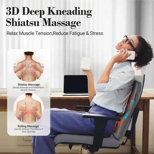 Vista 2 de Shiatsu Back Massager with Heat for Deep Tissue Pain Relief, 4D Kneading & Rolling Up and Down Car Low Back Massager for Office and Home Use Gris