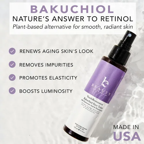 Vista 3 de Bakuchiol - Tóner facial fabricado en Estados Unidos con ingredientes naturales y orgánicos, tóner de piel para pieles grasas y propensas al acné