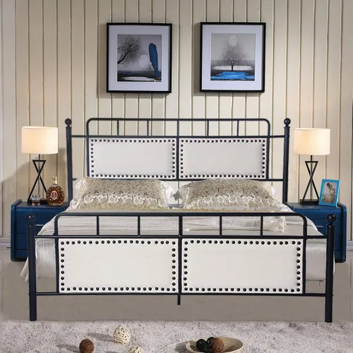 Vista 9 de LUCKYERMORE Base de cama de plataforma Queen de 12 pulgadas con cabecera beige, marco de cama de metal resistente con almacenamiento debajo