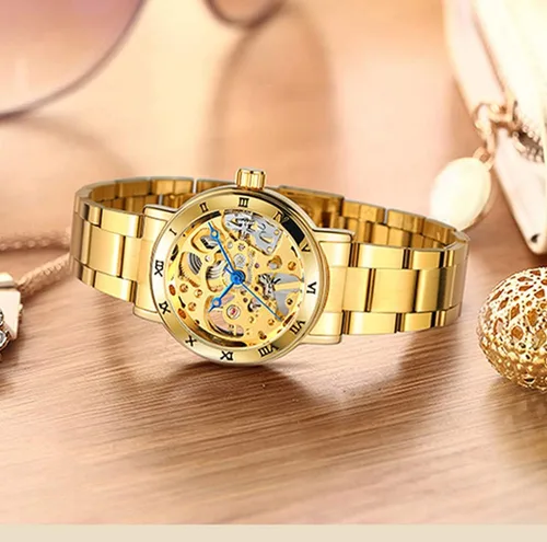 Vista 4 de SENRUD Reloj mecánico de viento para mujer, correa de acero completa, impermeable, esqueleto de moda, reloj de pulsera para mujer