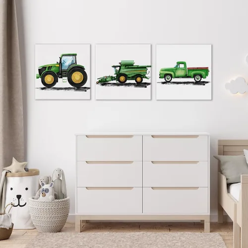 Vista 4 de Juego de 3 lienzos artísticos de tractores y vehículos agrícolas para cuarto de bebé, pinturas enmarcadas, impresiones de acuarela, viejos camiones