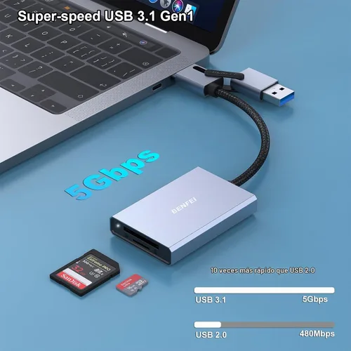 Vista 3 de BENFEI Lector de tarjetas SD 4.0, lector de tarjetas de memoria USB-C/USB-A 2 en 1, para tarjetas SDXC, SDHC, SD, MMC, RS-MMC, Micro SDXC, Micro SD