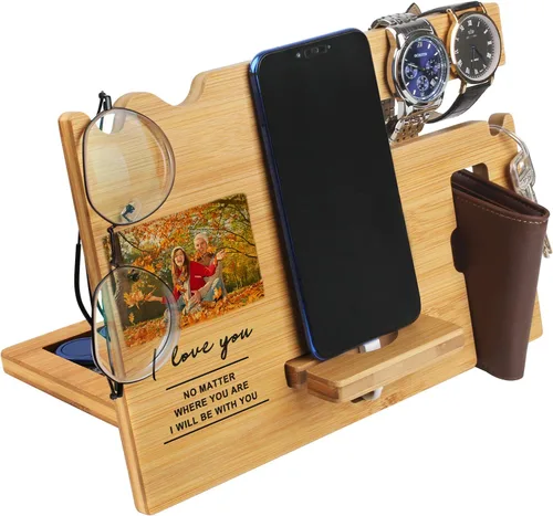 Vista 9 de Regalos para hombres – Estación de acoplamiento de madera personalizada – Organizador de mesita de noche grabado con soporte para teléfono, soporte