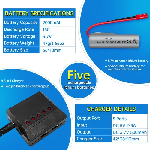 Vista 3 de 5PCS 3.7V 2000mAh 15C JST-2P Plug Lipo batería con cargador 5 en 1 para HJ819 DE819 RC barco Huina 1337 1338 1516 1517 1552 1554 1558 RC vehículo