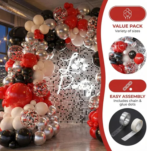 Vista 12 de Kit de arco de globos negros y rojos, guirnalda de globos plateados, globos de confeti blanco, decoración de cumpleaños, aniversario de boda