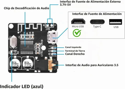 Vista 2 de Aideepen 5 piezas BT 5.0 módulo receptor de audio estéreo, placa decodificadora MP3 de 3.7-5V y amplificador para altavoz de coche