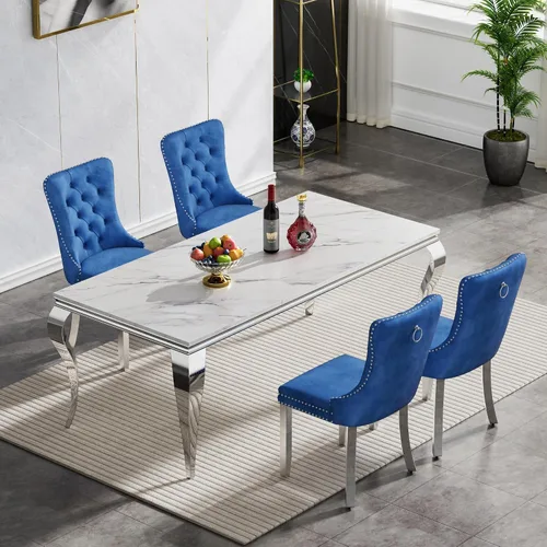 Vista 85 de Juego de 4 mesas de comedor blancas y doradas, mesa de cocina rectangular de 68 pulgadas con parte superior de mármol sintético blanco, mesa de Mesa