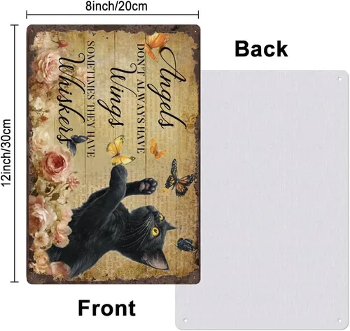 Vista 2 de 1 letrero de metal vintage de 8 x 12 pulgadas, diseño retro de gato negro con diseño de mariposa de ángeles no siempre tienen alas para el hogar
