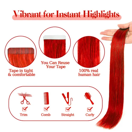 Vista 3 de Winsky Extensiones de cabello humano con cinta roja de 18 pulgadas, extensiones de cabello Remy con pegamento, 10 piezas de 0.88 onzas, cabello