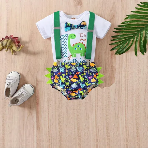 Vista 8 de Ropa divertida para el primer cumpleaños para bebé, ropa para bebé, con corbatín, mameluco, pantalones, conjunto de tirantes, trajes de pastel