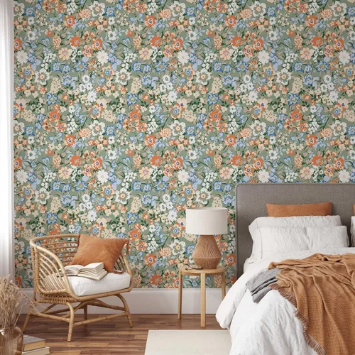 Vista 4 de Papel tapiz floral retro colorido, papel tapiz botánico autoadhesivo extraíble, papel tapiz floral para despegar y pegar