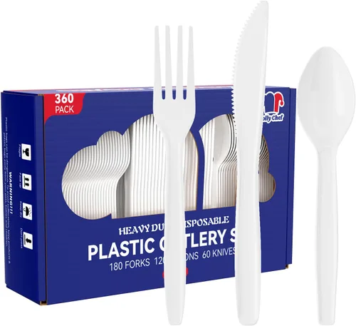 Vista 12 de JOLLY CHEF Juego de 300 cubiertos de plástico transparente, 100 tenedores, 100 cucharas, 100 cuchillos, juego de cubiertos de plástico desechables