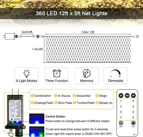 Vista 7 de JMEXSUSS 360 Luces LED de Red de Navidad para Exteriores Impermeables, Conectables de 12 pies x 5 pies, Luces de Red para Exteriores de Malla