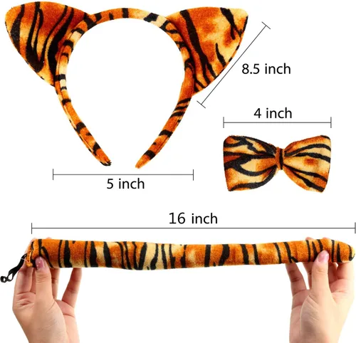 Vista 2 de Juego de disfraces de tigre, orejas de tigre, cola de nariz y pajarita, juego de disfraz de animal elegante, accesorios para niños, Halloween