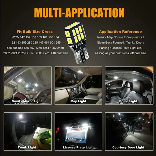 Vista 6 de 24-LEDs 360° Lighting T10 194 2825 Bombilla LED blanca 6000K 12V Super brillante 158 160 168 175 W5W 168NA 194NA Reemplazo para vehículo