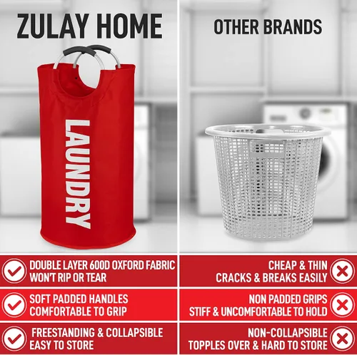 Vista 7 de Zulay Home Cesta de lavandería grande y resistente de 82 litros – Bolsa de lavandería acolchada antideslizante con asas – Cestas de lavandería Rojo