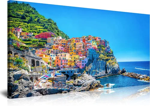 Vista 9 de NAN Wind 3 piezas de lienzo moderno pintura de pared paisaje urbano tradicional puerto mediterráneo mar Cinque Terre Italia costa paisaje impresión