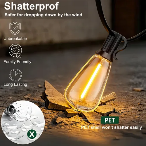 Vista 3 de Guirnalda de luces para exteriores de 25 pies, luces impermeables para patio con bombillas Edison ST38 vintage inastillables, luces colgantes