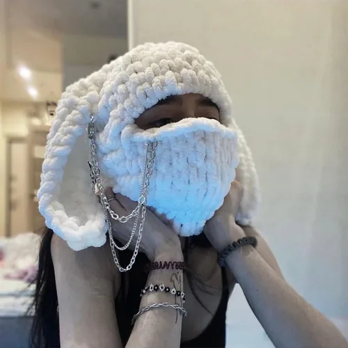 Vista 6 de Pasamontañas de ganchillo de punto para mujer, gorro de invierno con orejas de conejo, lindo suéter con bufanda y gorro de calavera cálida