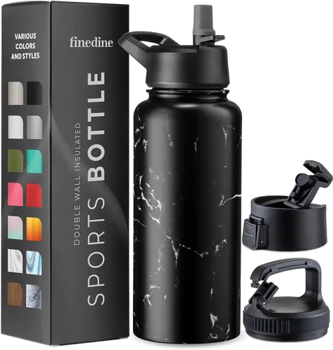 Vista 18 de FineDine Botellas de agua aisladas de triple pared con popote, botella de metal de acero inoxidable de 25 onzas con 3 tapas a prueba de fugas