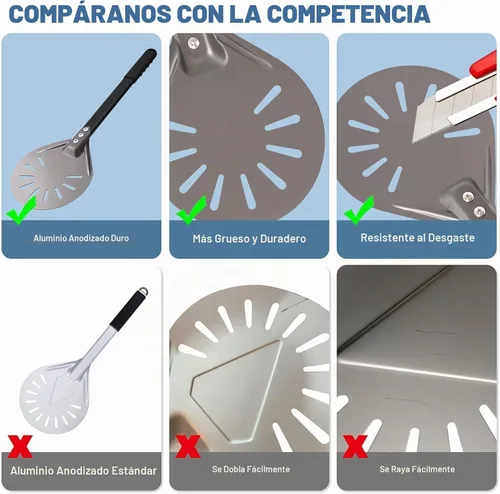 Vista 3 de Pala de torneado de pizza de 6 pulgadas redonda de aluminio perforada con mango de metal, paleta de pizza para accesorios de horno de pizza casera