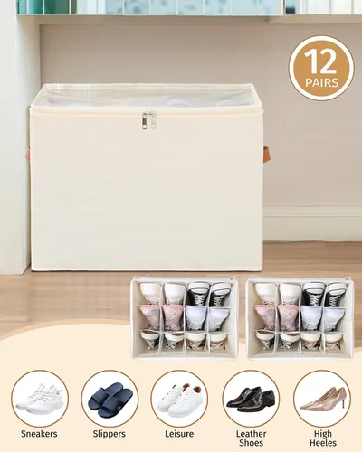 Vista 4 de Paquete de 2 organizadores plegables de zapatos para armario, se adapta a 12-24 pares, divisores y cubierta transparente, contenedores