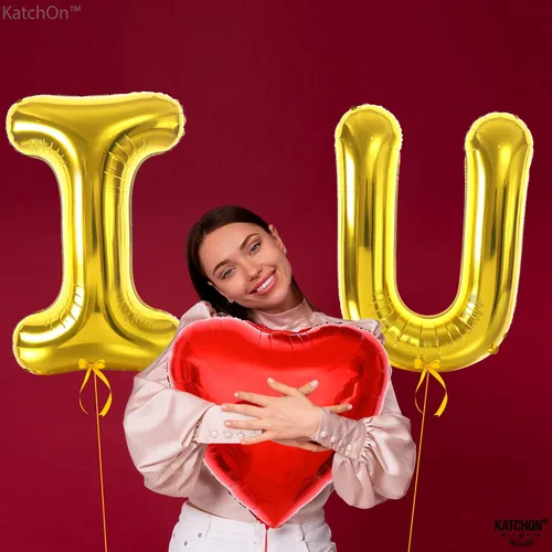 Vista 7 de KatchOn, Globos dorados grandes con texto en inglés "I Love You", paquete de 2005, juego de globos de oso de peluche, decoraciones con texto "I Love